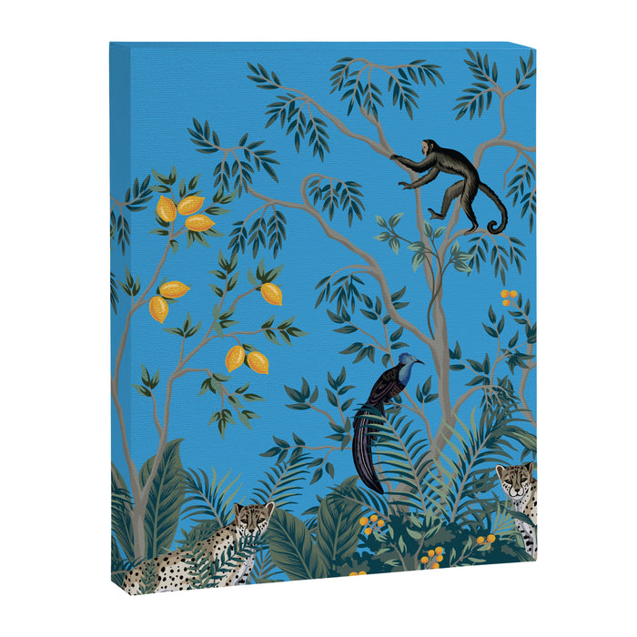 Chinoiserie Exotic Jungle Monkey Peacock Cobalt Blue Fresco Art Canvas Print Gallery Image 1