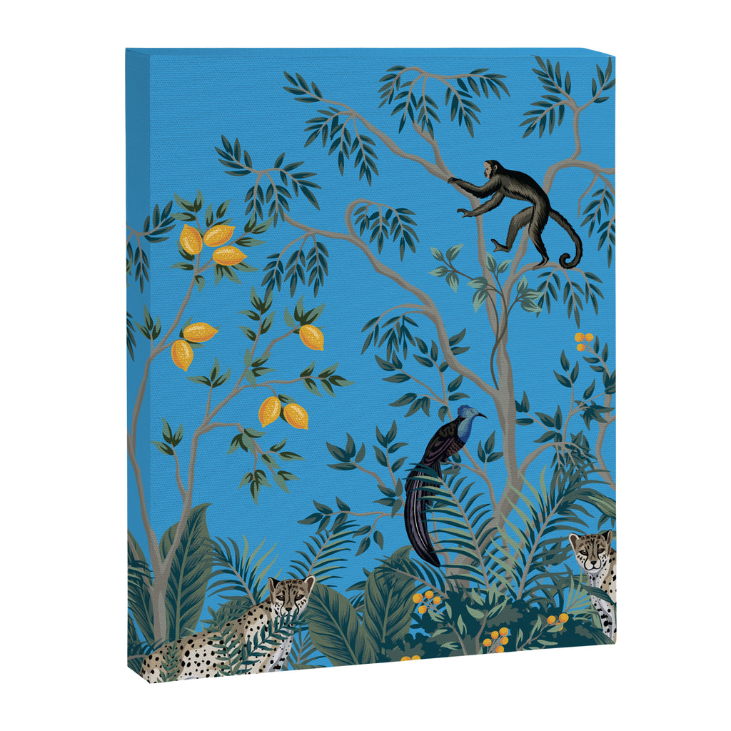Chinoiserie Exotic Jungle Monkey Peacock Cobalt Blue Fresco Art Canvas Print Gallery Image 6