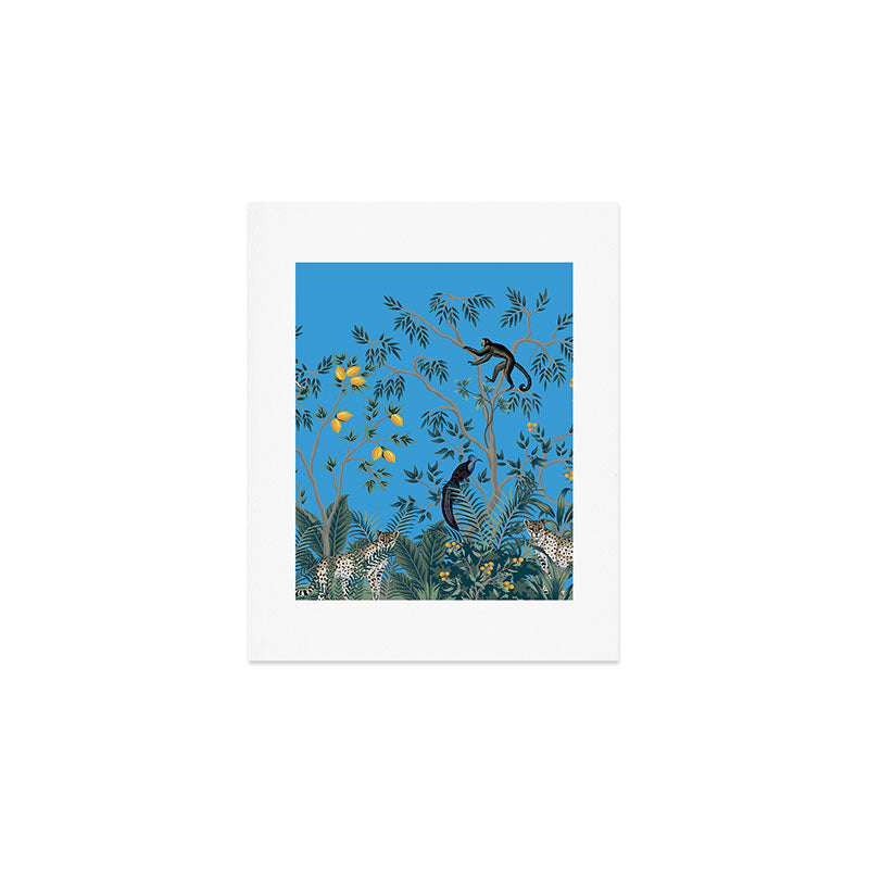 Chinoiserie Exotic Jungle Monkey Peacock Cobalt Blue Fresco Art Art Print Gallery Image 1