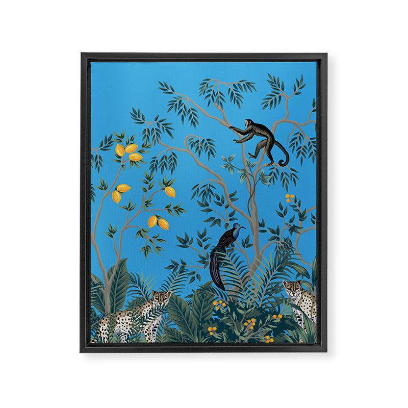 Chinoiserie Exotic Jungle Monkey Peacock Cobalt Blue Fresco Art Framed Canvas Print Gallery Image 6