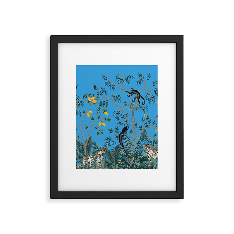 Chinoiserie Exotic Jungle Monkey Peacock Cobalt Blue Fresco Art Framed Art Print Gallery Image 5