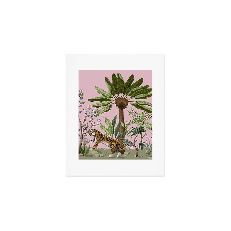 Chinoiserie Exotic Jungle Tiger Zebra Palms Pink Fresco Art Art Print Gallery Image 1