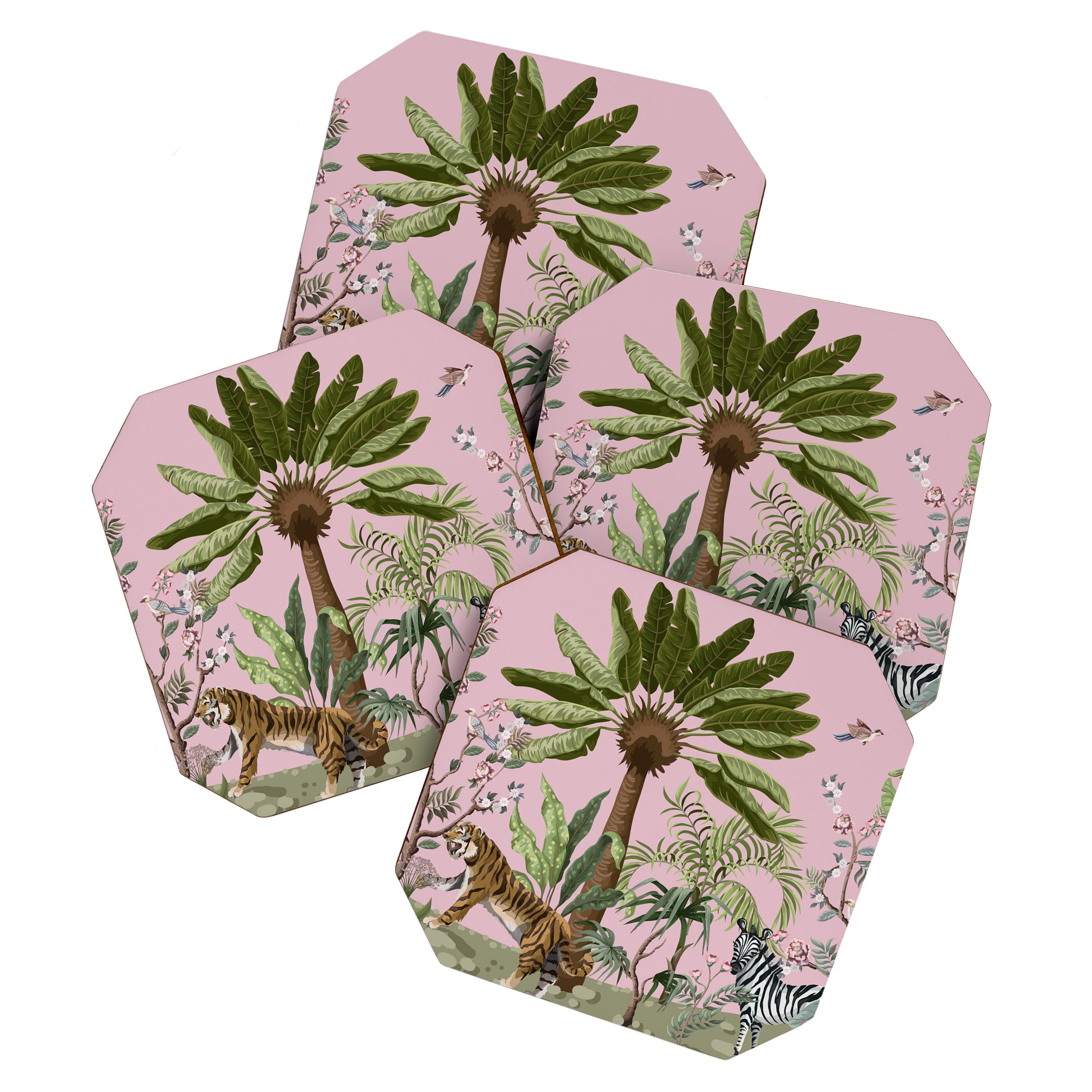Chinoiserie Exotic Jungle Tiger Zebra Palms Pink Fresco Art Coaster Gallery Image 1