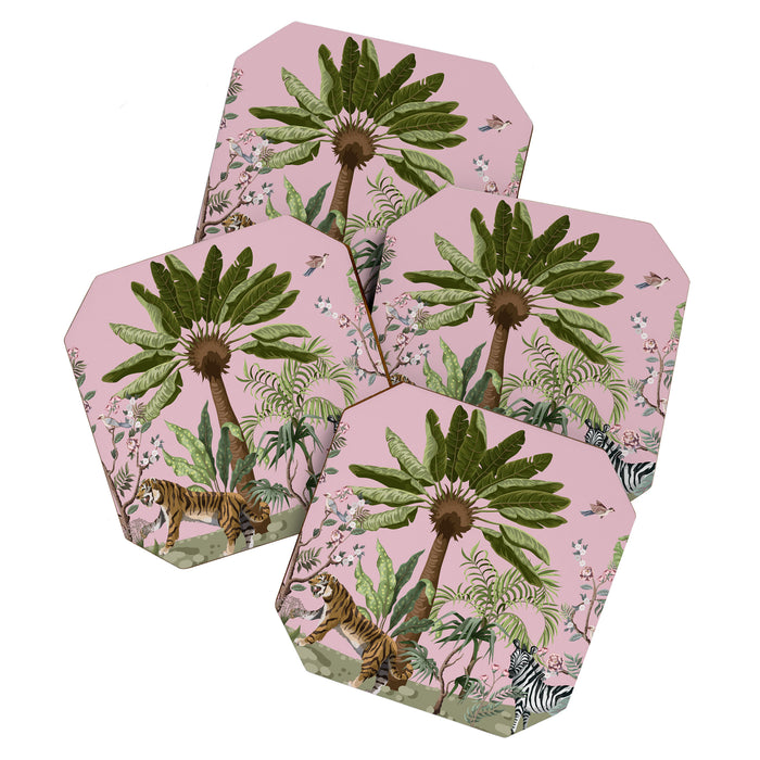 Chinoiserie Exotic Jungle Tiger Zebra Palms Pink Fresco Art Coaster Gallery Image 1