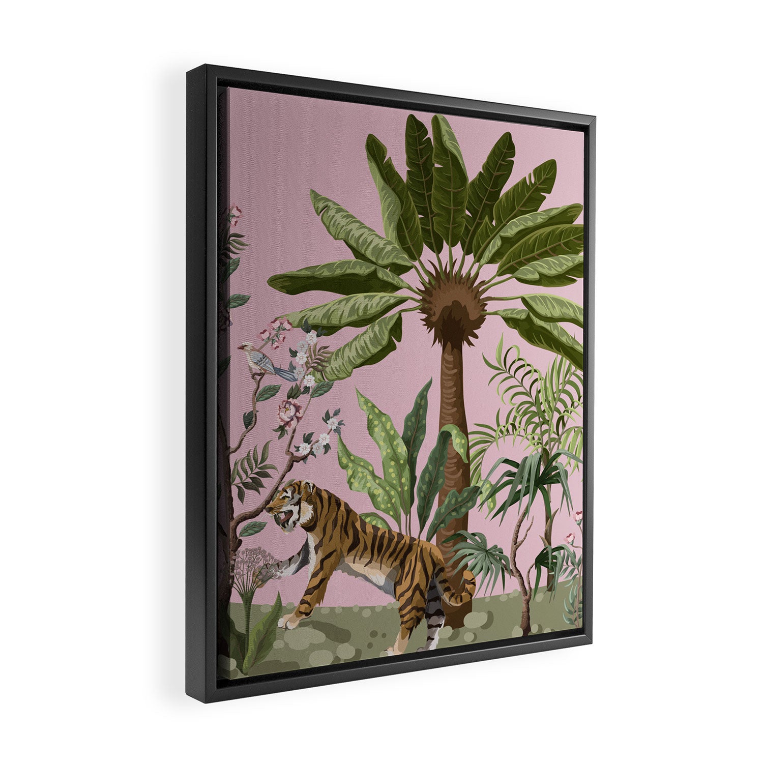 Chinoiserie Exotic Jungle Tiger Zebra Palms Pink Fresco Art Framed Canvas Print Gallery Image 2