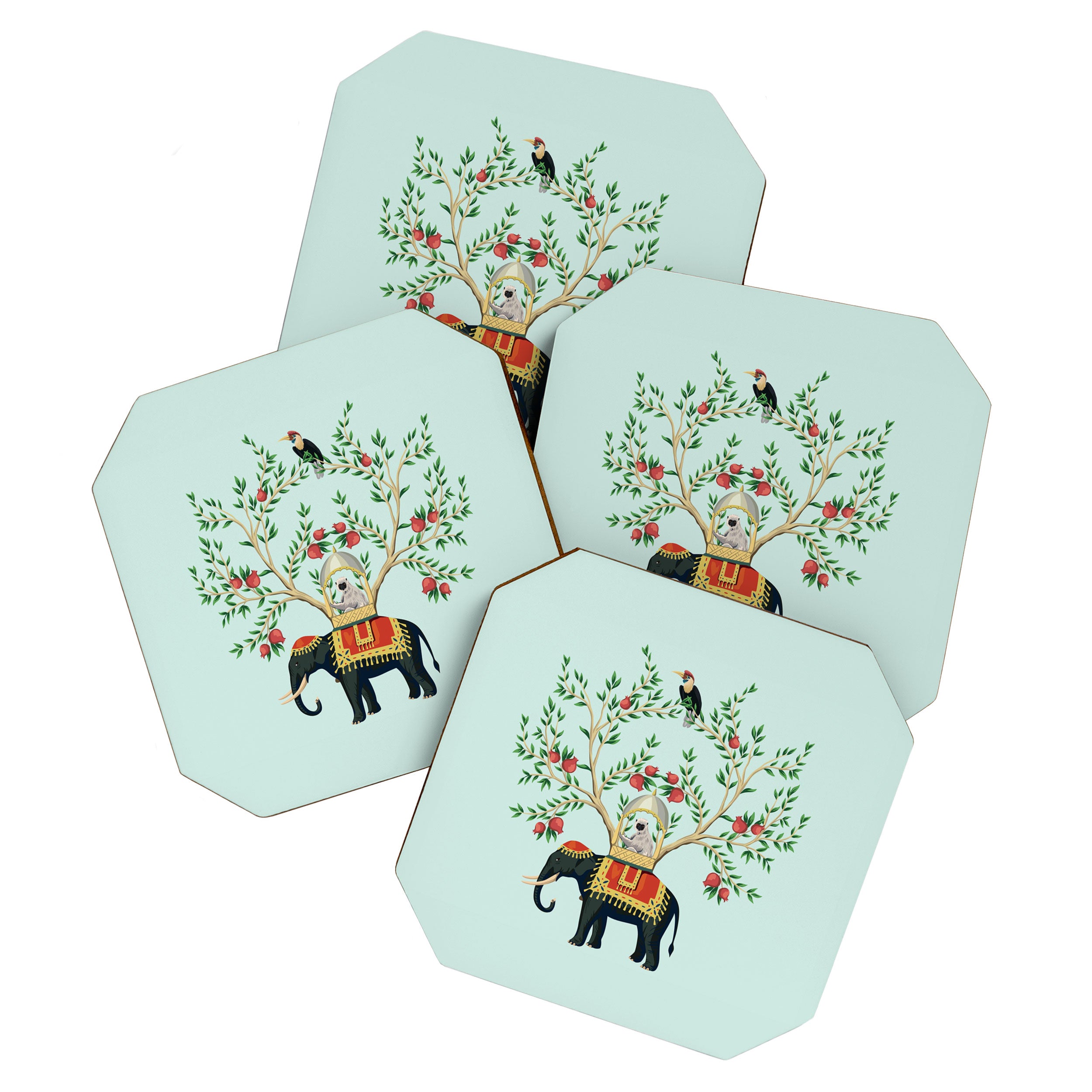 Chinoiserie Indian Elephant & Monkey Exotic Floral Coaster Gallery Image 1