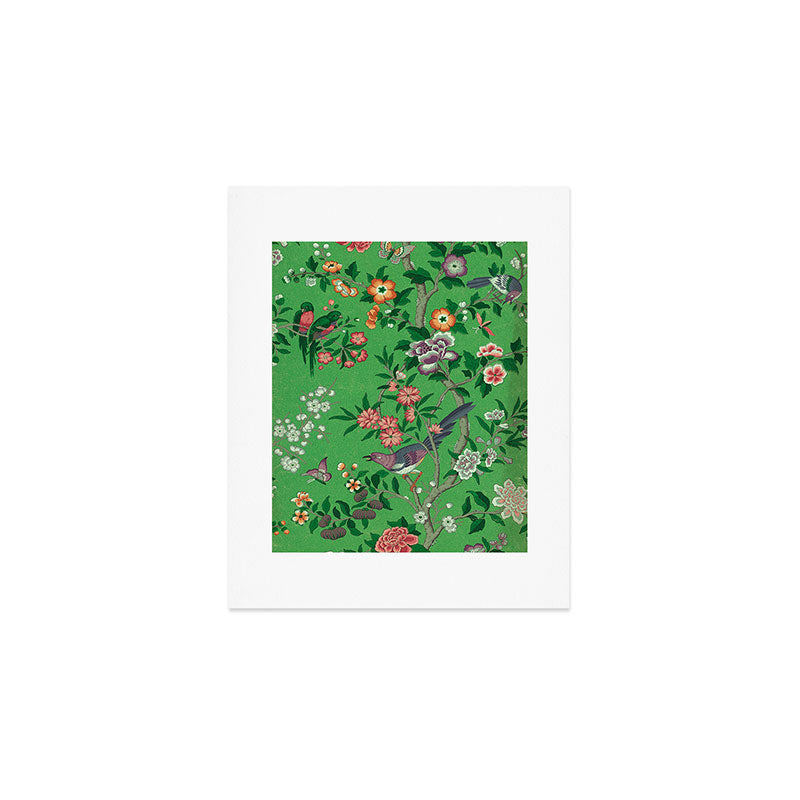 Chinoiserie Magpie Botanical Garden Bright Green Art Print Gallery Image 1