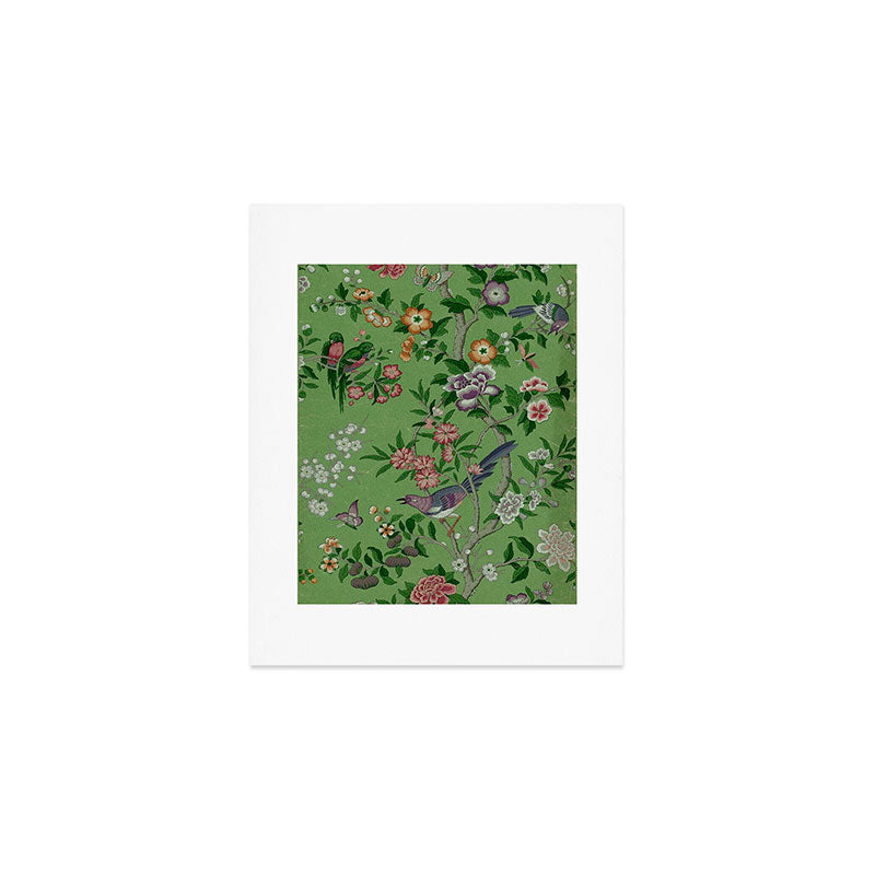 Chinoiserie Magpie Peony Garden Summer Green Art Print Gallery Image 1