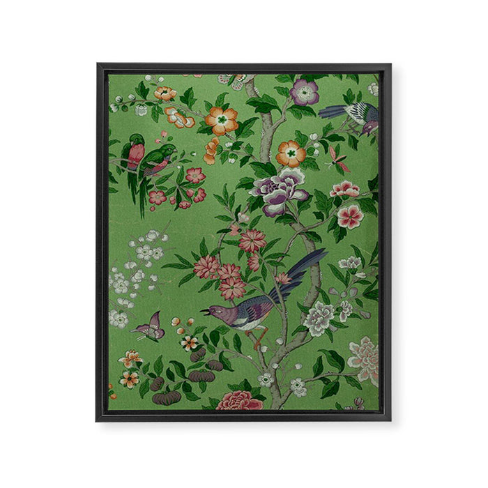 Chinoiserie Magpie Peony Garden Summer Green Framed Canvas Print Gallery Image 1