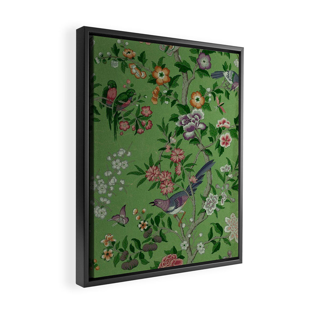 Chinoiserie Magpie Peony Garden Summer Green Framed Canvas Print Gallery Image 2