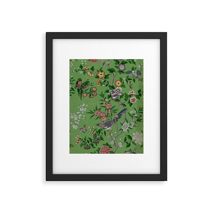 Chinoiserie Magpie Peony Garden Summer Green Framed Art Print Gallery Image 1