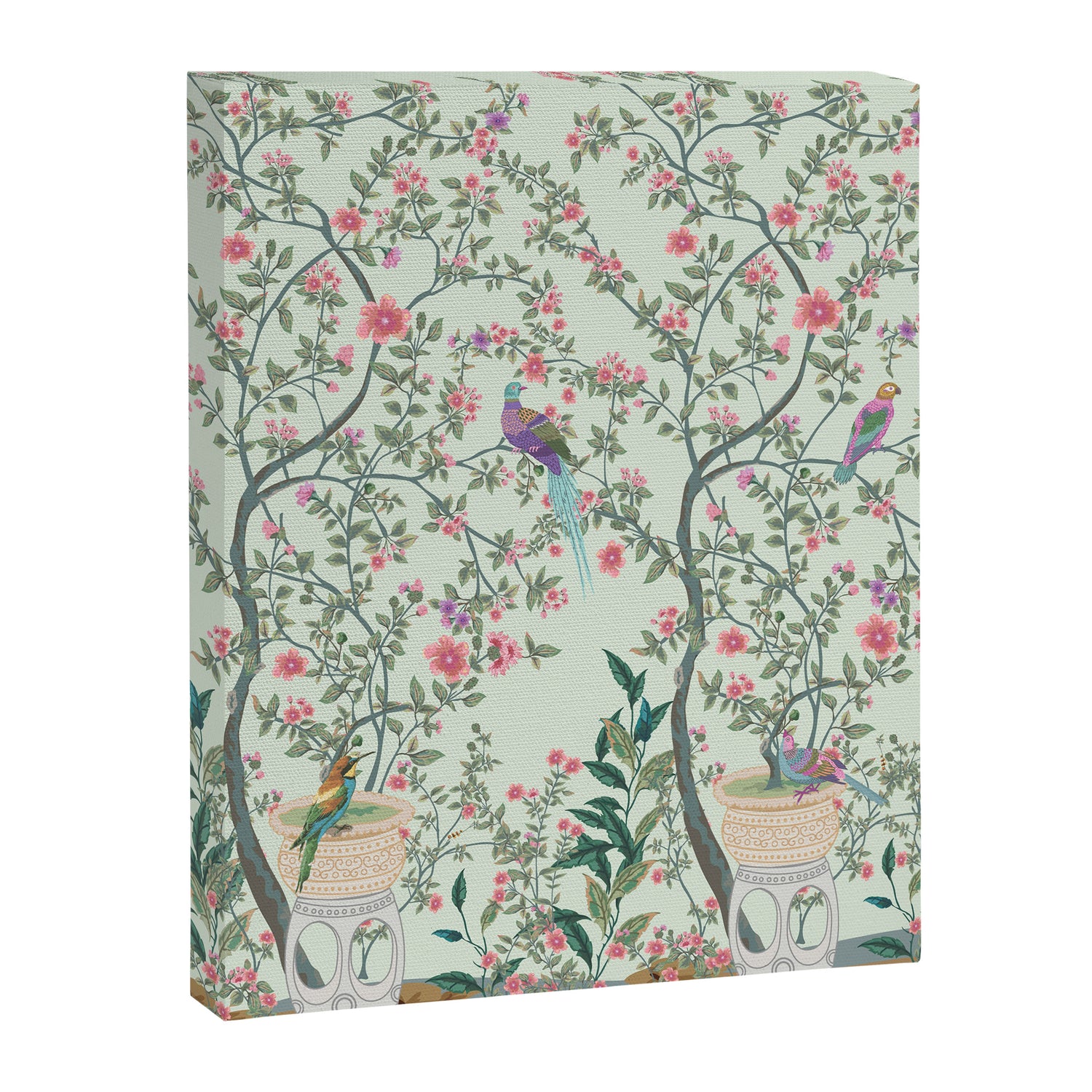 Chinoiserie Mint Green Pastel Fresco Floral Garden Birds Oriental Botanical Canvas Print Gallery Image 3