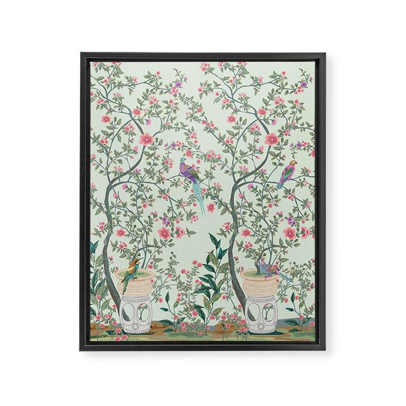 Chinoiserie Mint Green Pastel Fresco Floral Garden Birds Oriental Botanical Framed Canvas Print Gallery Image 8