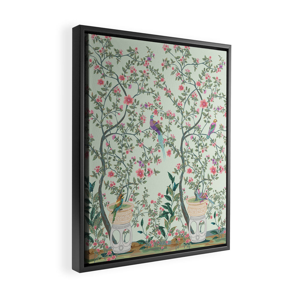 Chinoiserie Mint Green Pastel Fresco Floral Garden Birds Oriental Botanical Framed Canvas Print Gallery Image 2