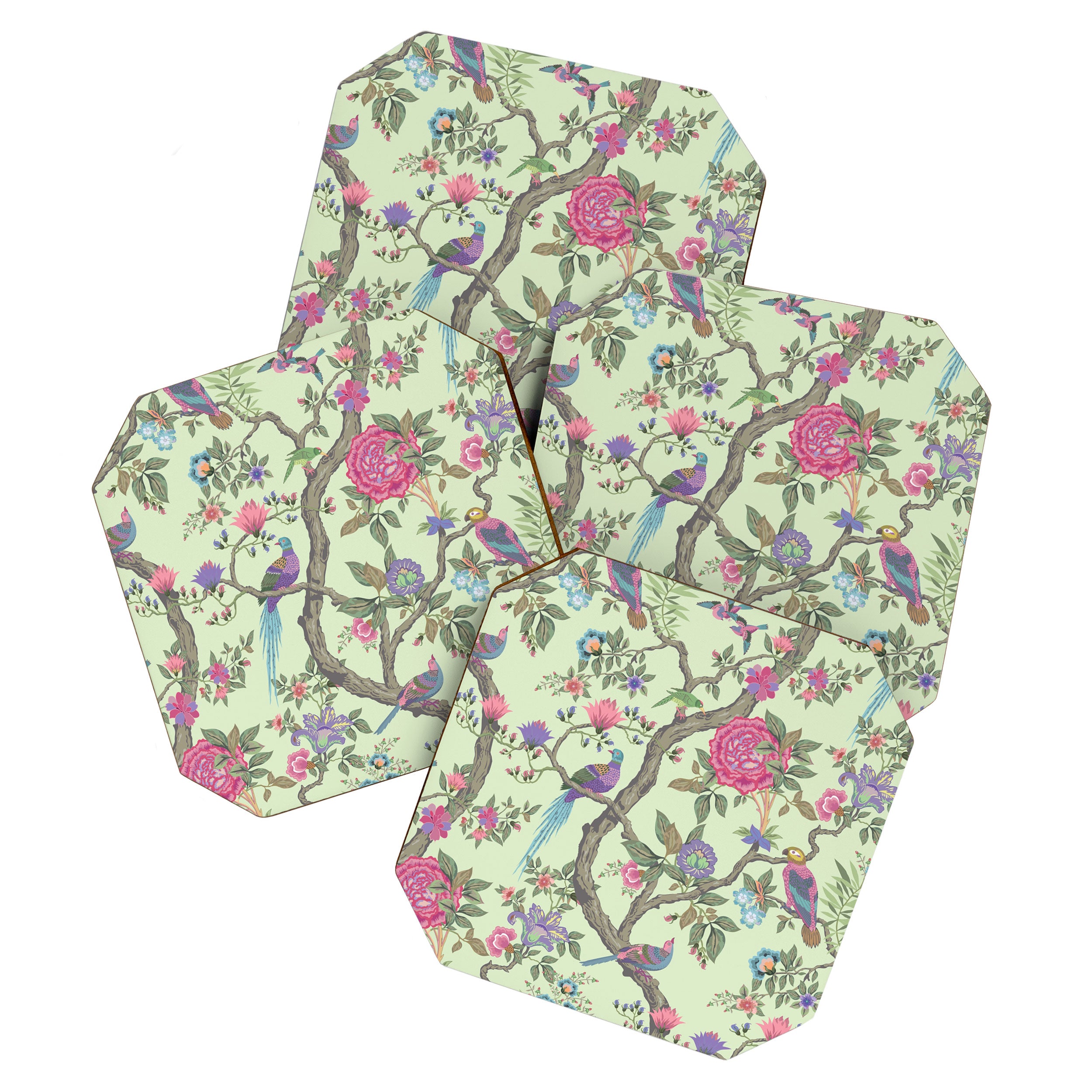 Chinoiserie Mint Green Pastel Fresco Floral Garden Birds Oriental Botanical Coaster Gallery Image 1