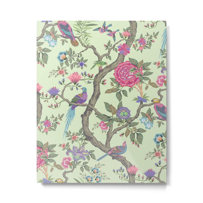 Chinoiserie Mint Green Pastel Fresco Floral Garden Birds Oriental Botanical Metal Print Gallery Image 1