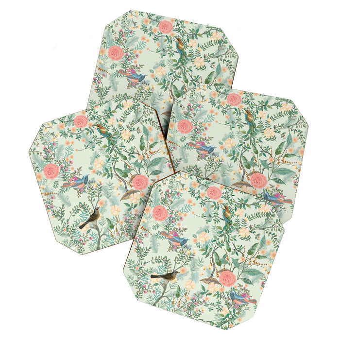 Chinoiserie Mint Green Pink Fresco Floral Garden Oriental Botanical  Coaster Gallery Image 1