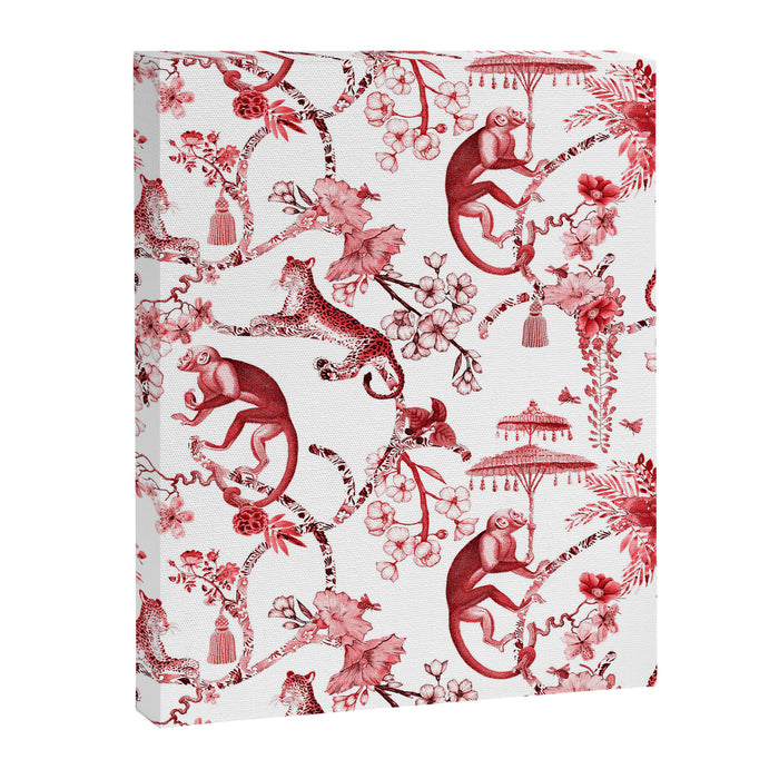 Chinoiserie Monkey Jungle Botanical Red Toile de Jouy Art Canvas Print Gallery Image 1