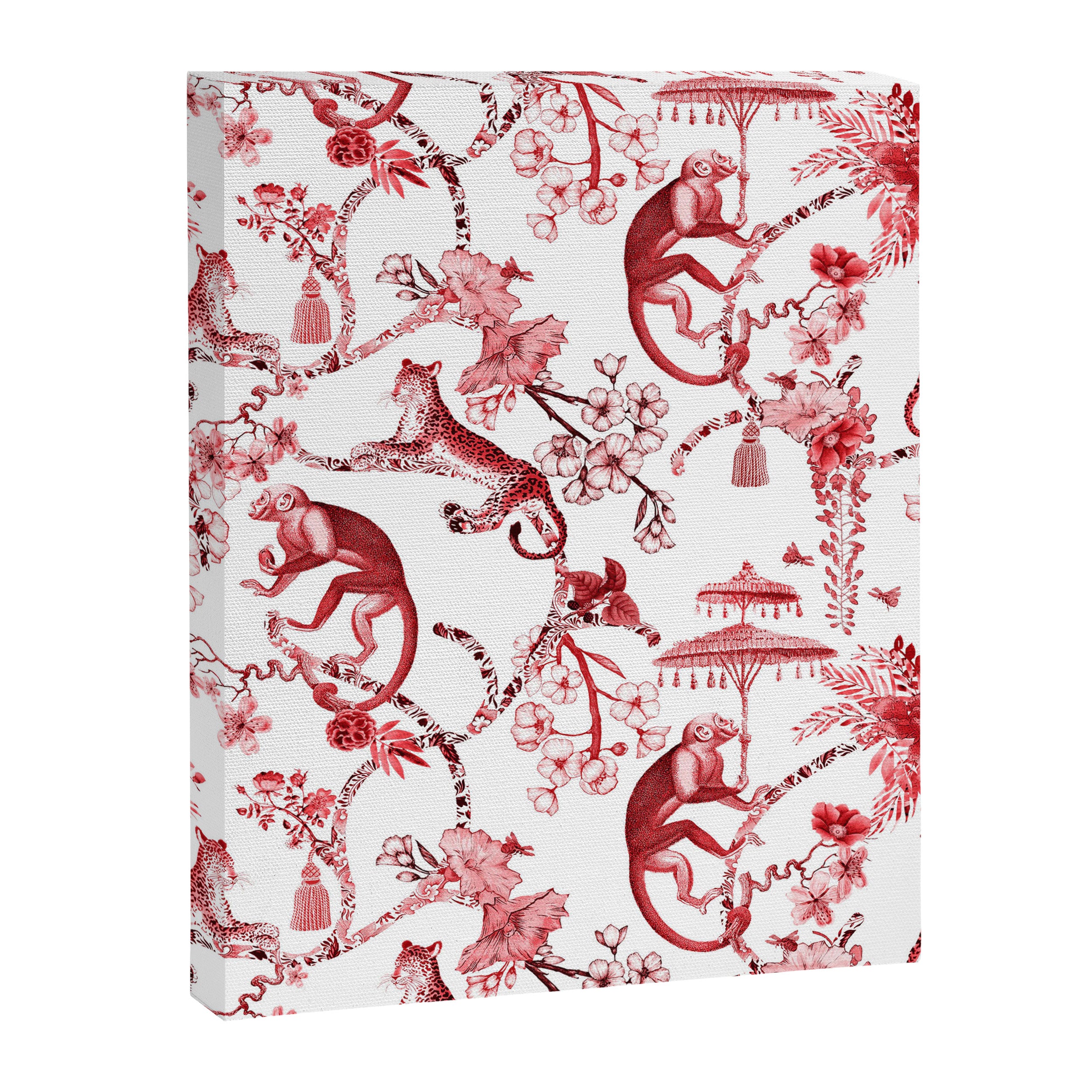 Chinoiserie Monkey Jungle Botanical Red Toile de Jouy Art Canvas Print Gallery Image 8