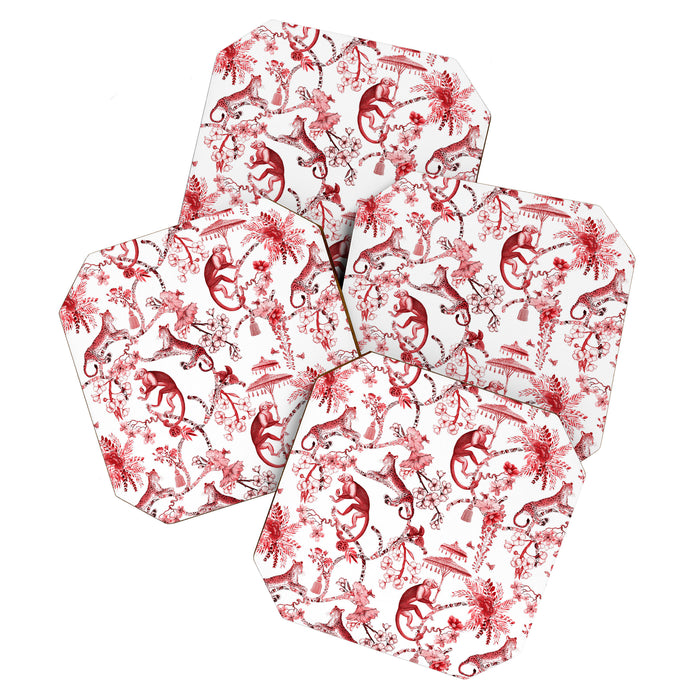 Chinoiserie Monkey Jungle Botanical Red Toile de Jouy Art Coaster Gallery Image 1