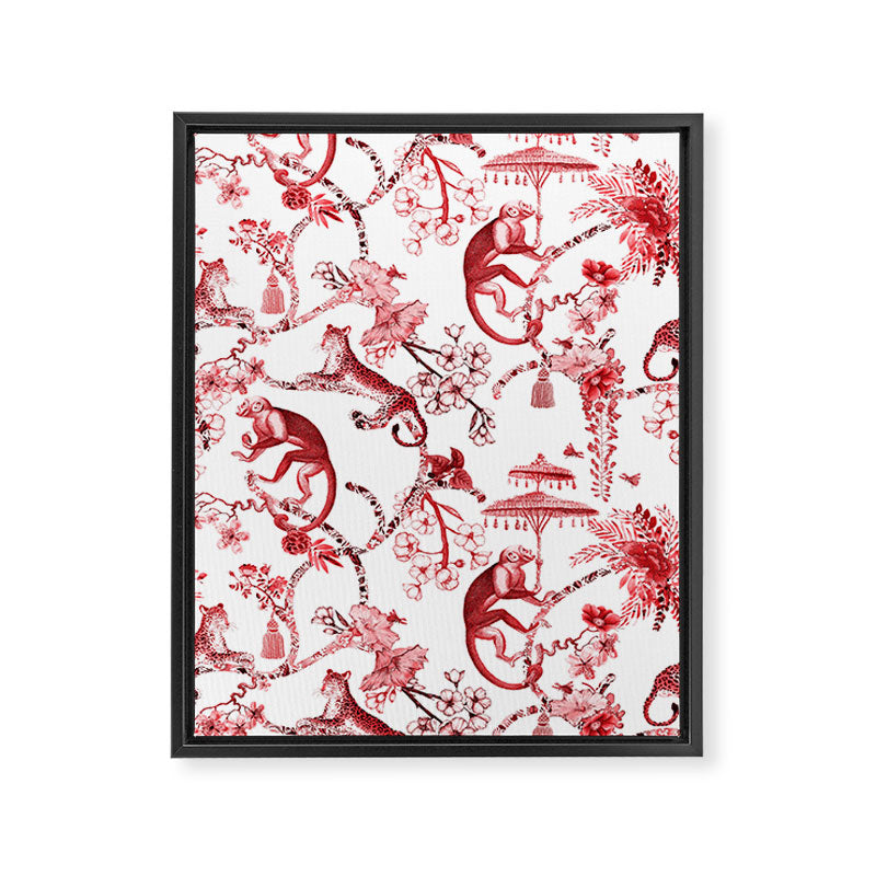 Chinoiserie Monkey Jungle Botanical Red Toile de Jouy Art Framed Canvas Print Gallery Image 8
