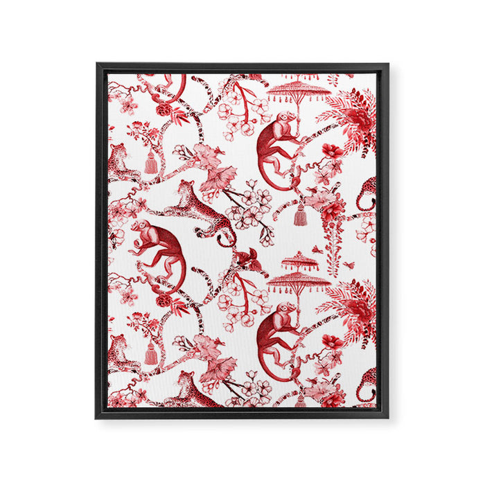 Chinoiserie Monkey Jungle Botanical Red Toile de Jouy Art Framed Canvas Print Gallery Image 1