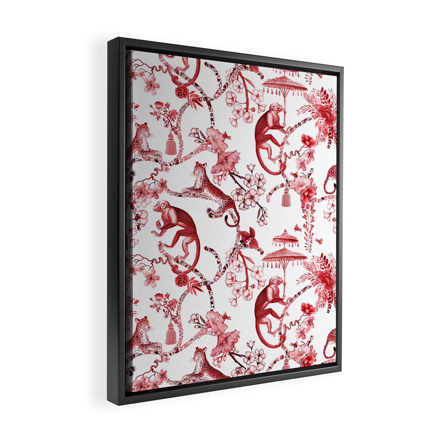 Chinoiserie Monkey Jungle Botanical Red Toile de Jouy Art Framed Canvas Print Gallery Image 2