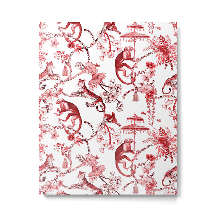 Chinoiserie Monkey Jungle Botanical Red Toile de Jouy Art Metal Print Gallery Image 1