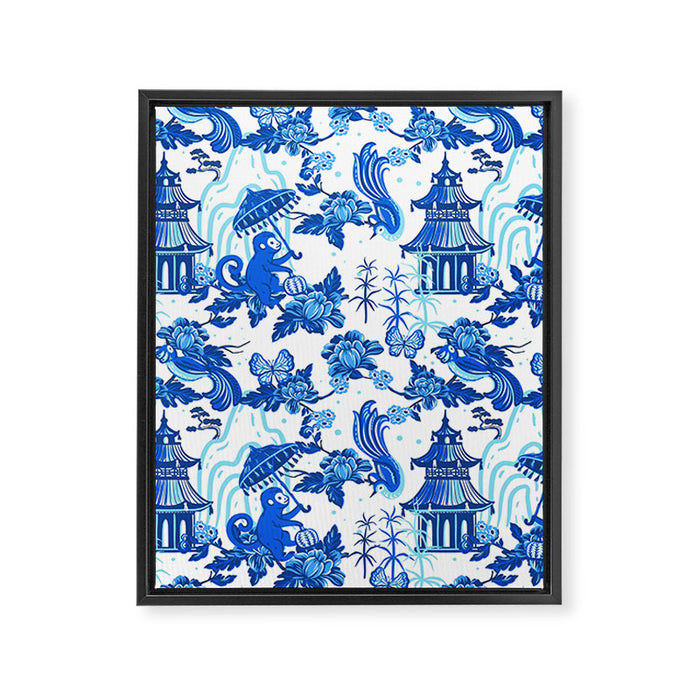 Chinoiserie Monkey Umbrella Pagodas Framed Canvas Print Gallery Image 1