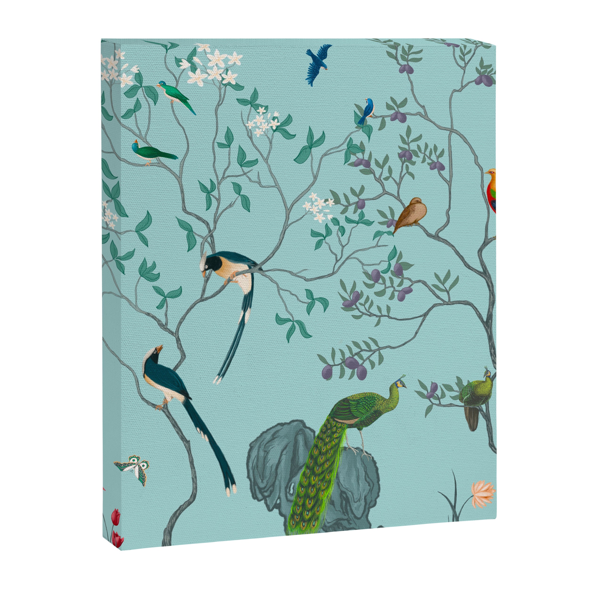 Chinoiserie Oriental Blossom Floral Birds Aqua Blue Peacock Botanical Canvas Print Gallery Image 8