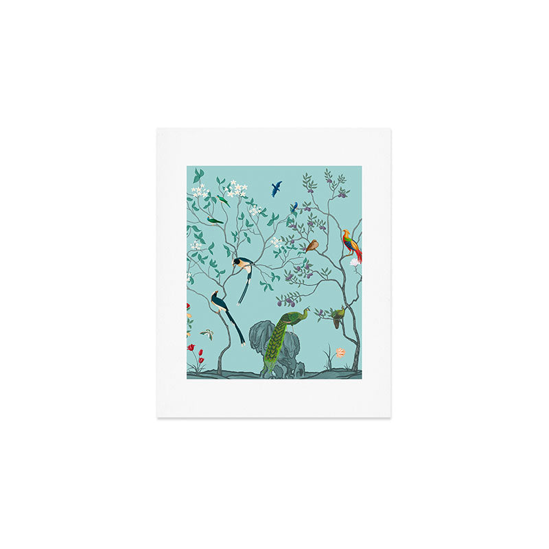 Chinoiserie Oriental Blossom Floral Birds Aqua Blue Peacock Botanical Art Print Gallery Image 1