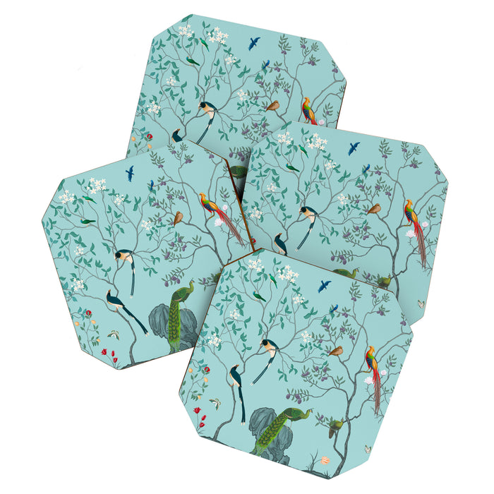 Chinoiserie Oriental Blossom Floral Birds Aqua Blue Peacock Botanical Coaster Gallery Image 1