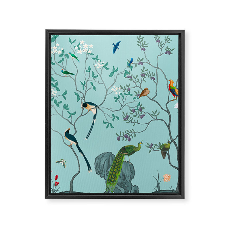 Chinoiserie Oriental Blossom Floral Birds Aqua Blue Peacock Botanical Framed Canvas Print Gallery Image 8