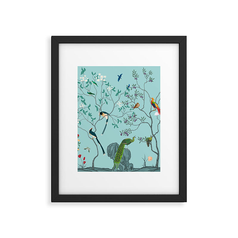 Chinoiserie Oriental Blossom Floral Birds Aqua Blue Peacock Botanical Framed Art Print Gallery Image 4