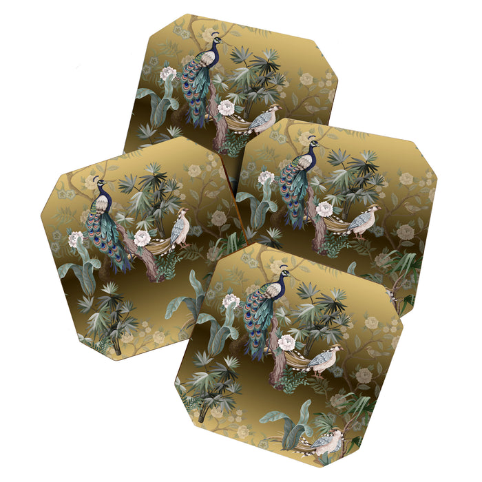 Chinoiserie Oriental Golden Peacock Fresco Art Coaster Gallery Image 1