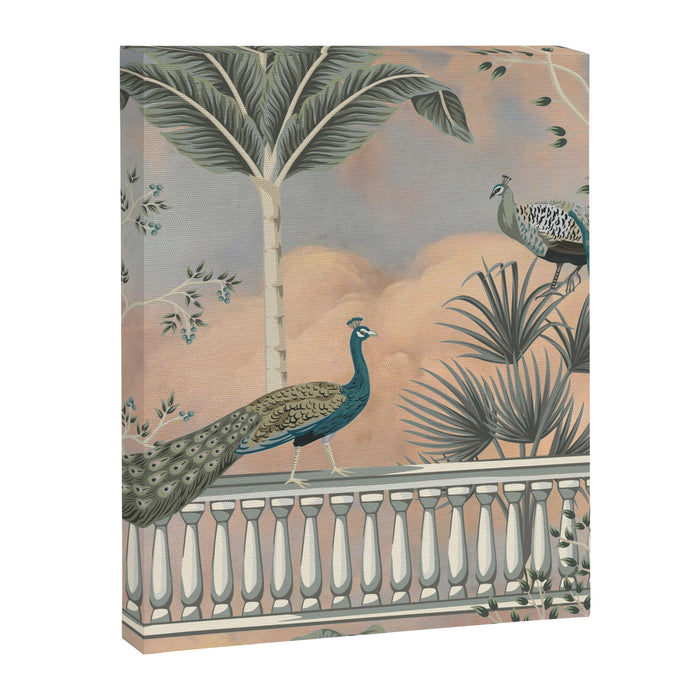 Chinoiserie Palatial Peacock Garden Peach Cloud Sky Canvas Print Gallery Image 1