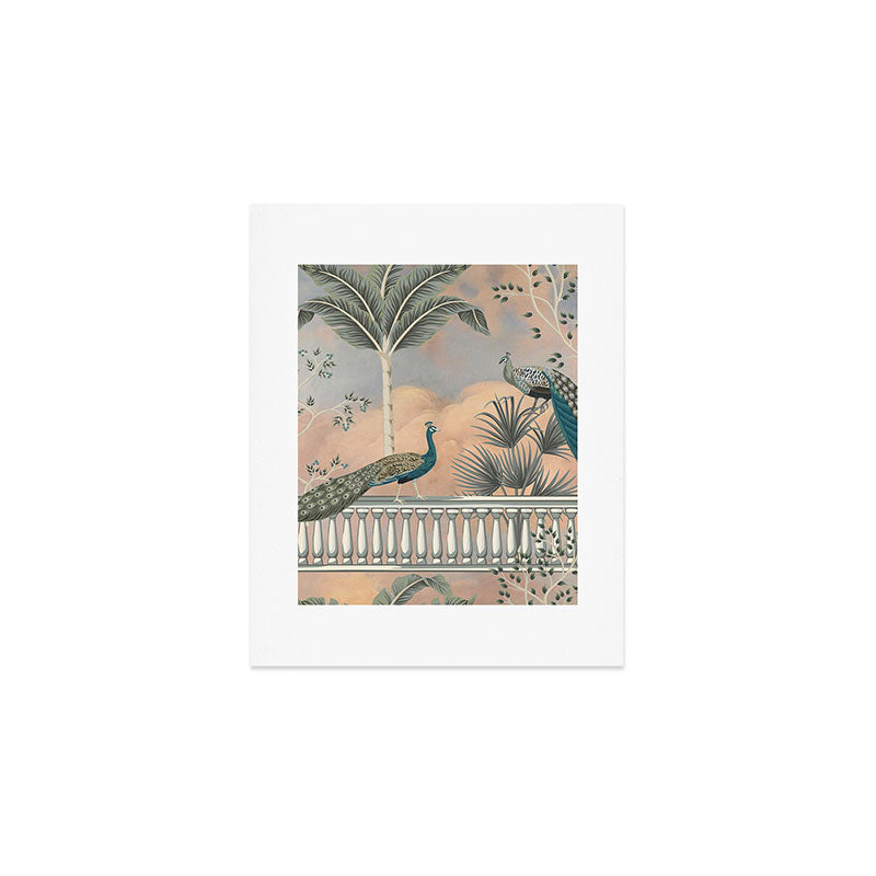 Chinoiserie Palatial Peacock Garden Peach Cloud Sky Art Print Gallery Image 1