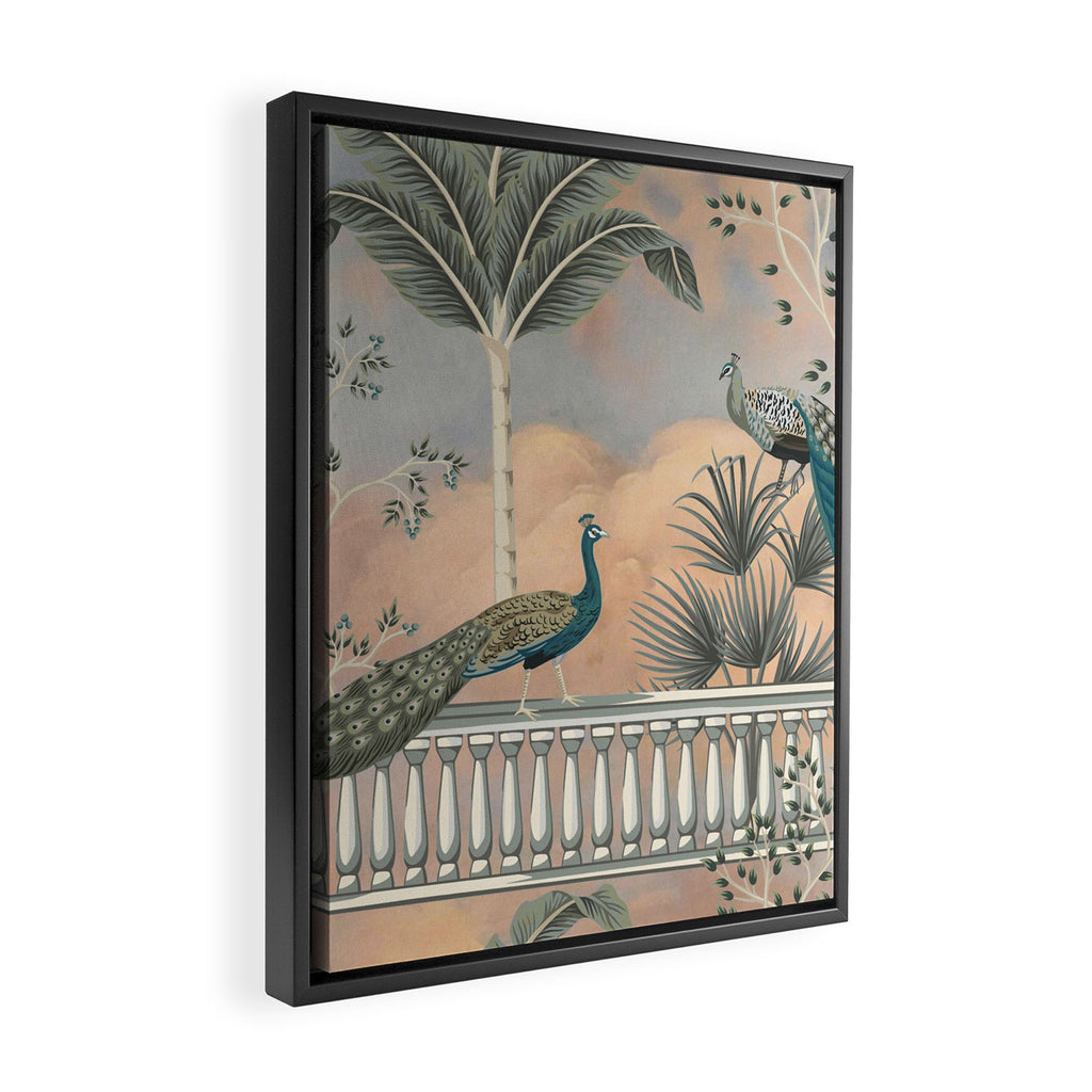 Chinoiserie Palatial Peacock Garden Peach Cloud Sky Framed Canvas Print Gallery Image 2