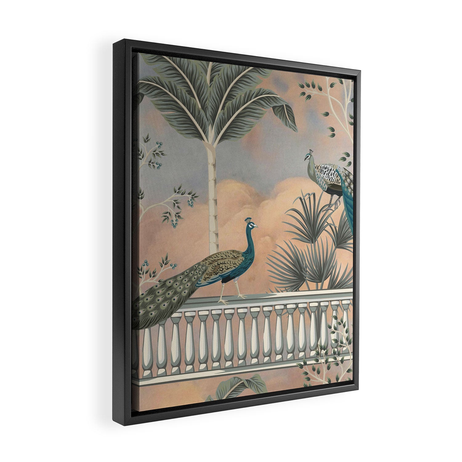 Chinoiserie Palatial Peacock Garden Peach Cloud Sky Framed Canvas Print Gallery Image 2