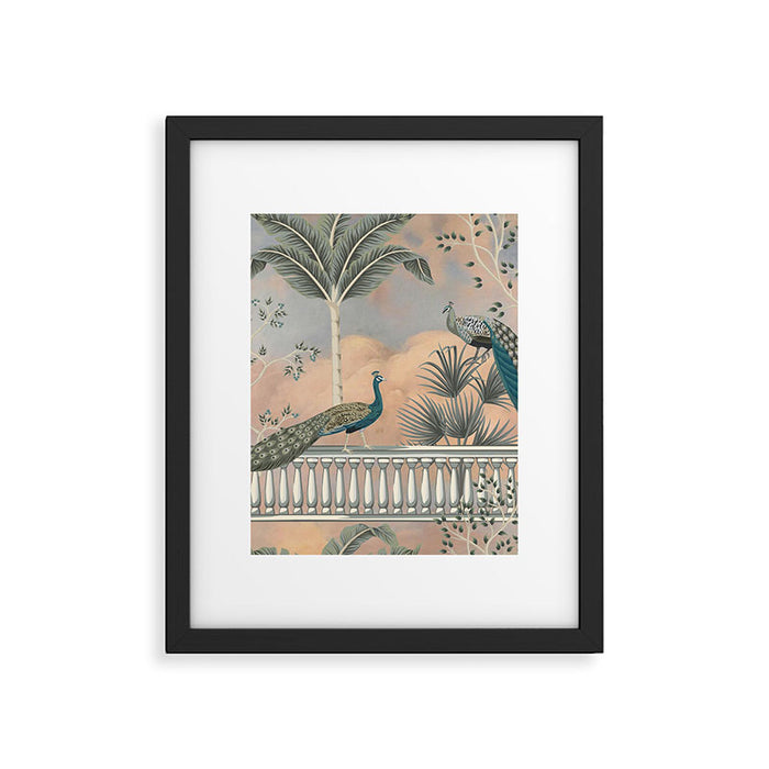 Chinoiserie Palatial Peacock Garden Peach Cloud Sky Framed Art Print Gallery Image 1