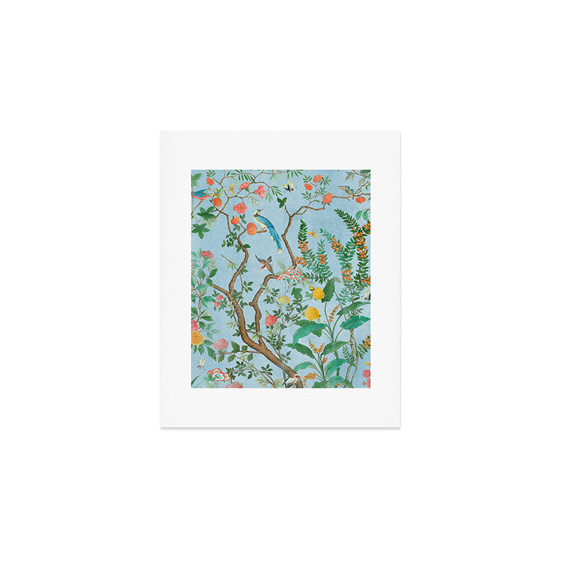 Chinoiserie Pastel Blue Floral Bird Garden Art Print Gallery Image 1