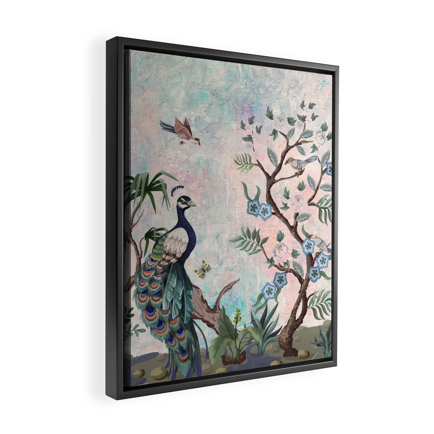 Chinoiserie Pastel Peacock Garden Fresco Framed Canvas Print Gallery Image 2
