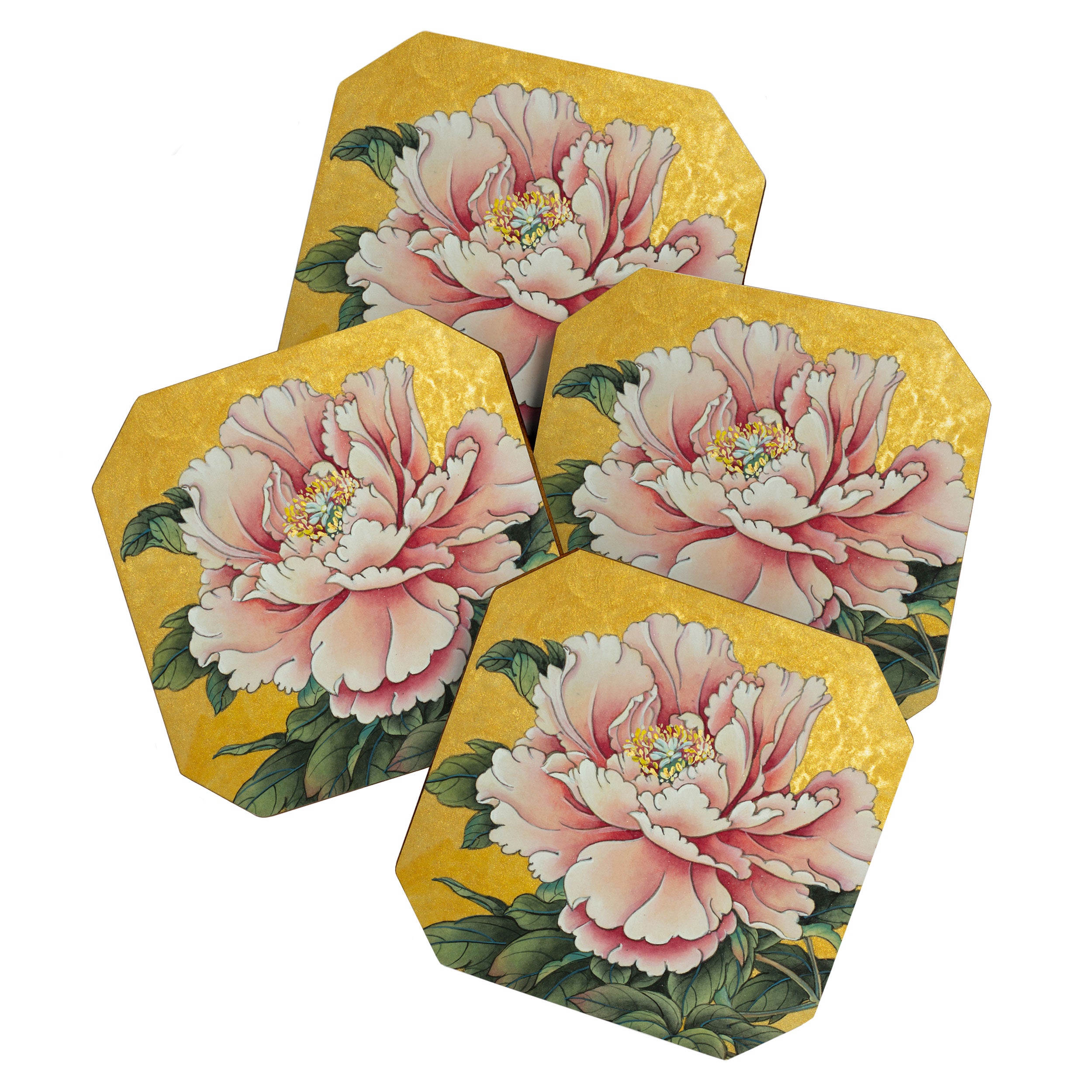 Chinoiserie Peach Blooming Peony Gold Leaf Art Painting Coaster Gallery Image 1