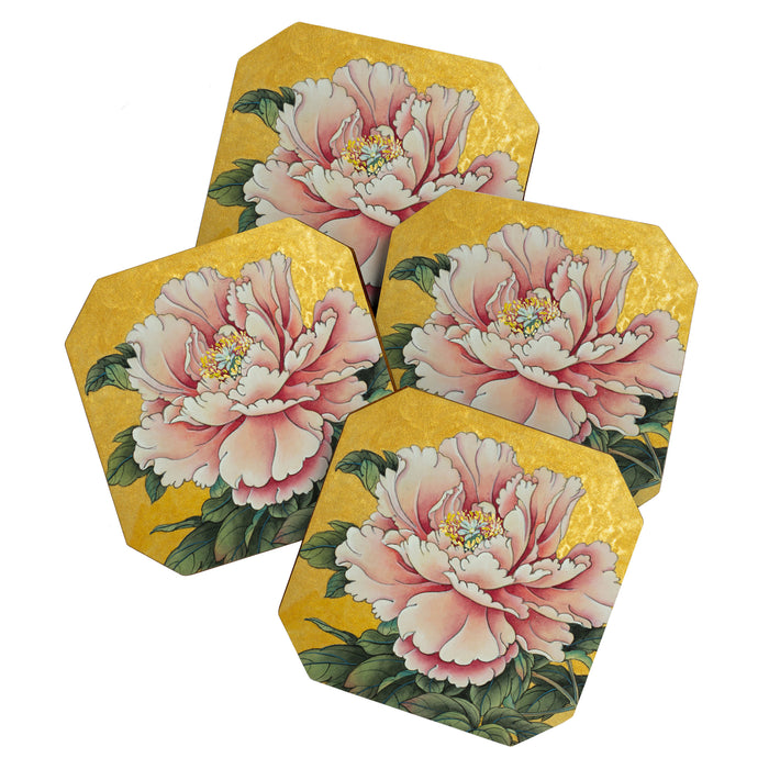 Chinoiserie Peach Blooming Peony Gold Leaf Art Painting Coaster Gallery Image 1