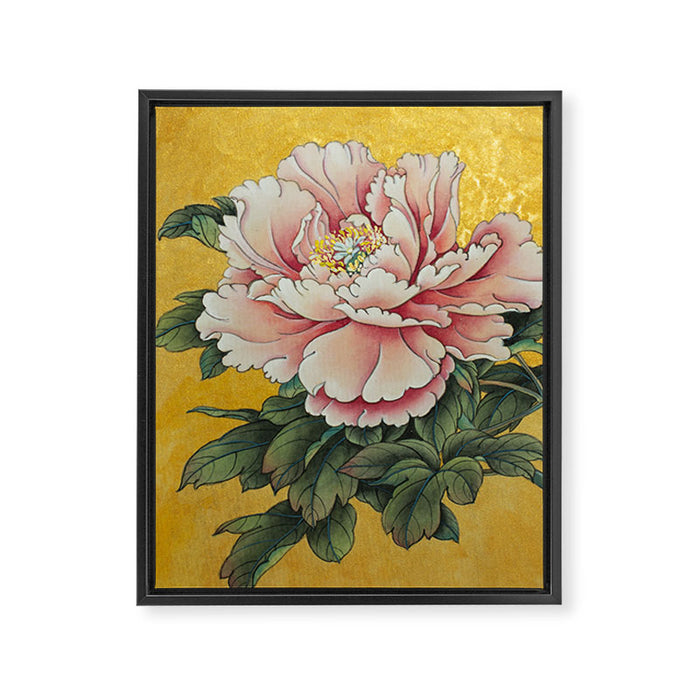 Chinoiserie Peach Blooming Peony Gold Leaf Art Painting Framed Canvas Print Gallery Image 1