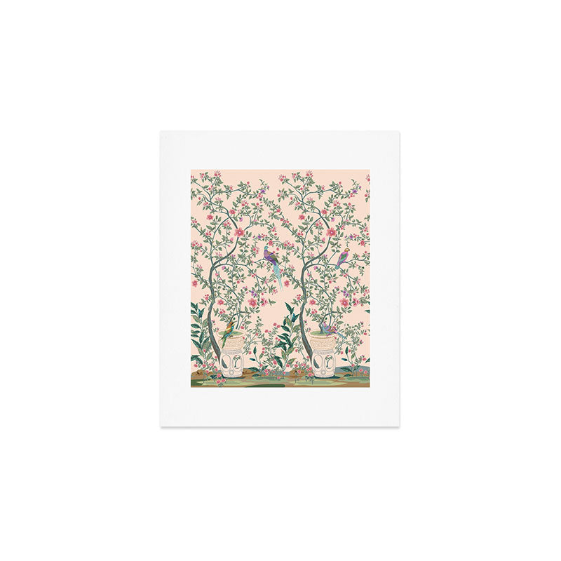 Chinoiserie Peach Fresco Floral Garden Birds Oriental Botanical Art Print Gallery Image 1