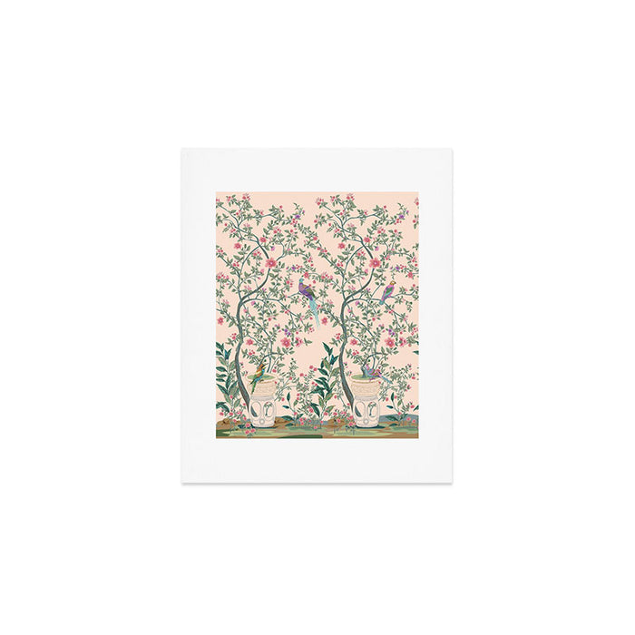 Chinoiserie Peach Fresco Floral Garden Birds Oriental Botanical Art Print Gallery Image 1