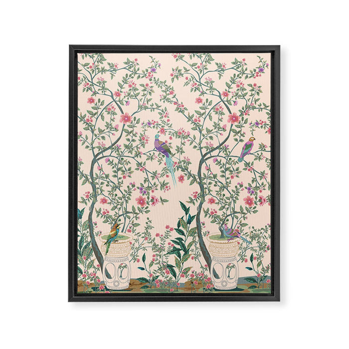 Chinoiserie Peach Fresco Floral Garden Birds Oriental Botanical Framed Canvas Print Gallery Image 1