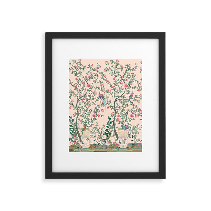 Chinoiserie Peach Fresco Floral Garden Birds Oriental Botanical Framed Art Print Gallery Image 1