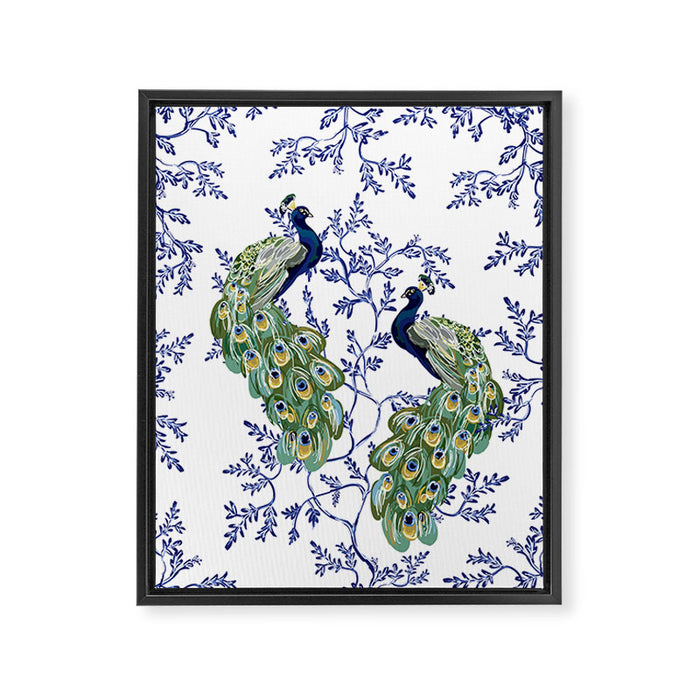 Chinoiserie Peacock Blue & White Floral Framed Canvas Print Gallery Image 1